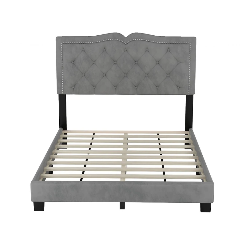 Streamdale Modern Gray Velvet Bed with Rivet Design & Tufted Headboard