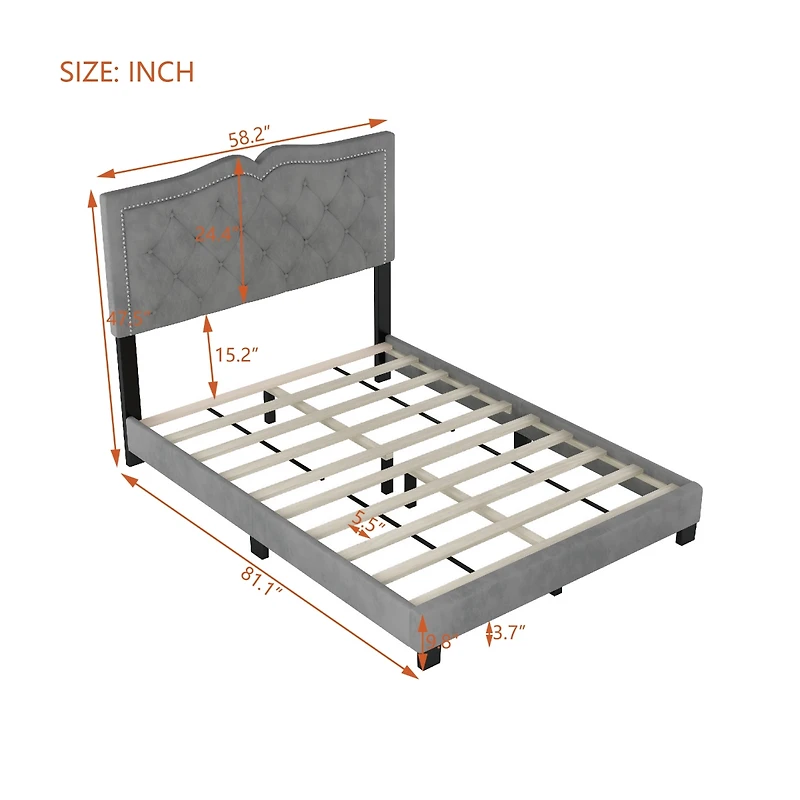 Streamdale Modern Gray Velvet Bed with Rivet Design & Tufted Headboard