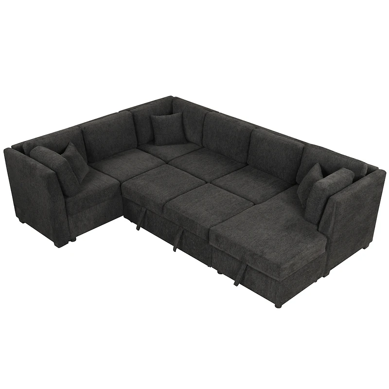Simplie Fun 108.6" U-Shaped Pull Out Sofa Bed With Two Usb Ports, Power Sockets, Three Pillows, Storage Chaise