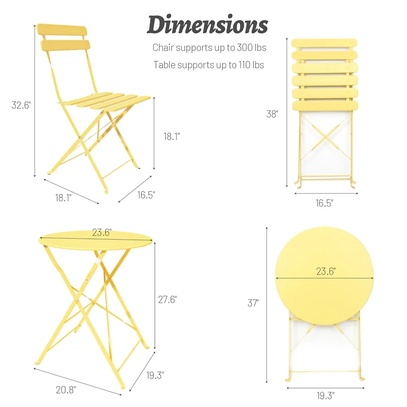 Streamdale 3 Pieces Patio Bistro Balcony Metail Chair Table Set-Yellow