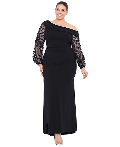 Xscape Plus Off-The-Shoulder Floral-Sleeve Gown