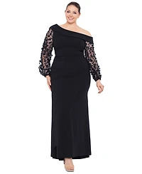 Xscape Plus Off-The-Shoulder Floral-Sleeve Gown