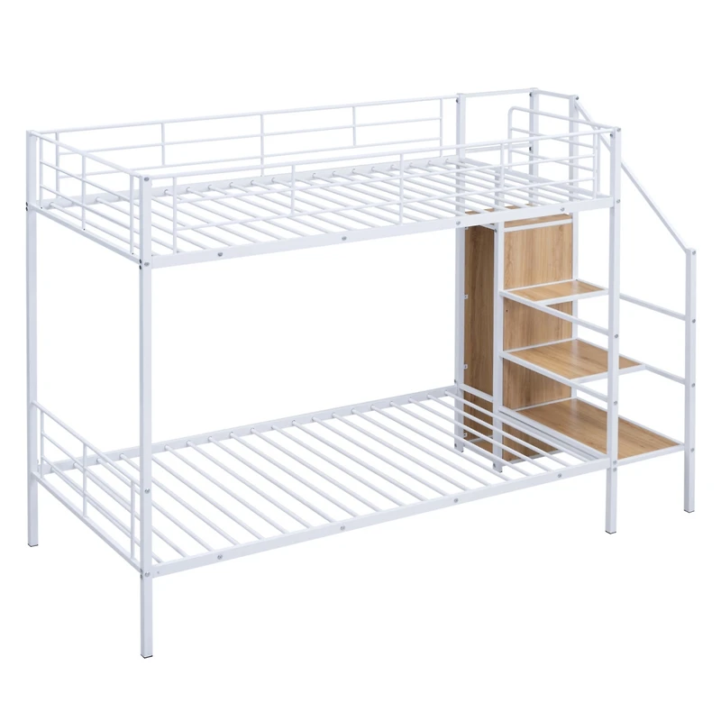 Simplie Fun Twin Over Twin Metal Bunk Bed With Lateral Storage Ladder And Wardrobe, White