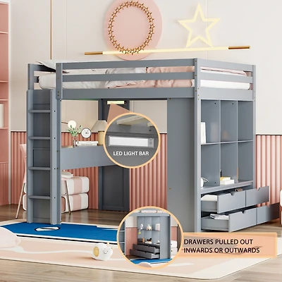 Simplie Fun Full Loft Bed With Large Shelves, Writing Desk And Led Light, White