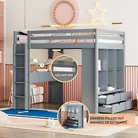 Simplie Fun Full Loft Bed With Large Shelves, Writing Desk And Led Light, White