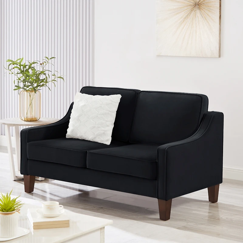 Simplie Fun Upholstered Black Velvet Loveseat Sofa with Wooden Legs