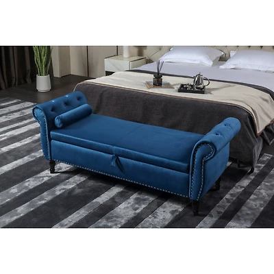 Simplie Fun 63" Velvet Multifunctional Storage Rectangular Sofa Stool Buttons Tufted Nailhead Trim