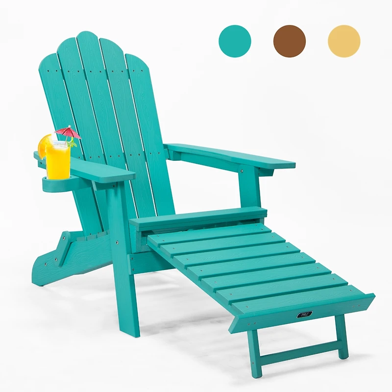 Simplie Fun Tale Folding Adirondack Chair with Pullout Ottoman with Cup Holder, Oversized, Poly Lumber, for Patio Deck Garden, Backyard Furniture, Eas