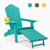 Simplie Fun Tale Folding Adirondack Chair with Pullout Ottoman with Cup Holder, Oversized, Poly Lumber, for Patio Deck Garden, Backyard Furniture, Eas