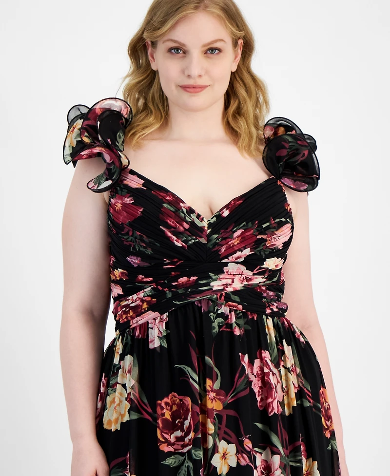 B Darlin Trendy Plus Floral-Print Ruffle-Strap Gown