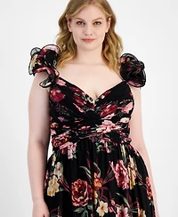 B Darlin Trendy Plus Floral-Print Ruffle-Strap Gown