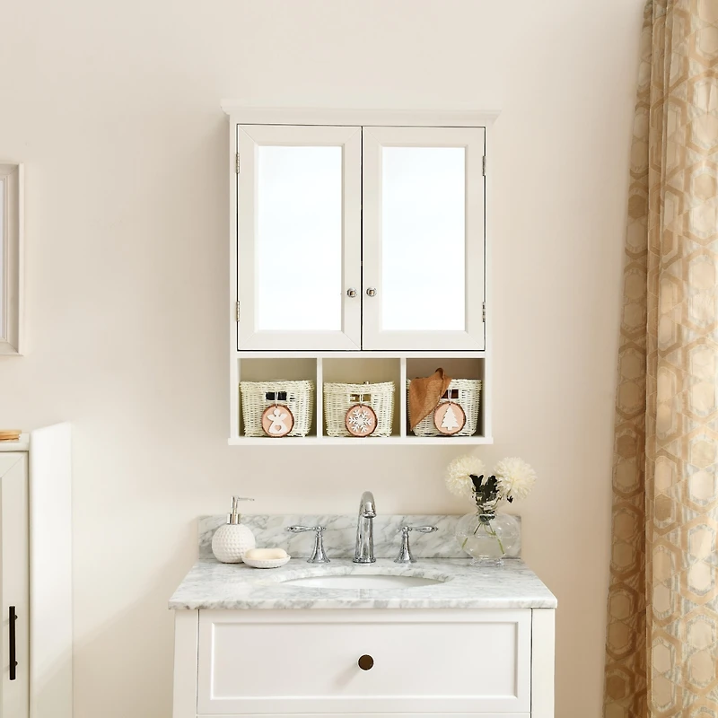 Streamdale White Wood Wall Cabinet with Mirrored Doors & Storage Baskets