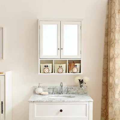 Streamdale White Wood Wall Cabinet with Mirrored Doors & Storage Baskets