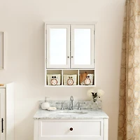 Streamdale White Wood Wall Cabinet with Mirrored Doors & Storage Baskets