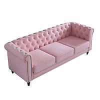 Simplie Fun Chesterfield Velvet Sofa 84.65 Inch For Living Room Pink Color