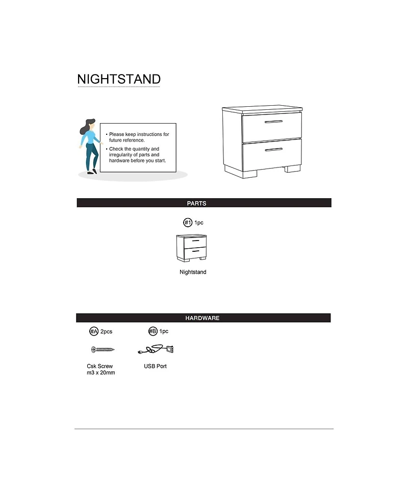 Simplie Fun Black Nightstand with Usb Charger & Chrome Accents