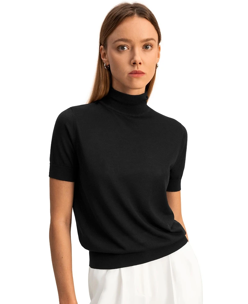 Lilysilk Women's High Neck Short Sleeves Silk Knitted Sweater Top