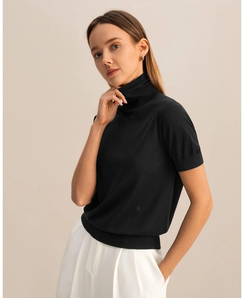 Lilysilk Women's High Neck Short Sleeves Silk Knitted Sweater Top