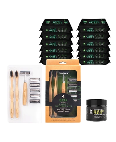 Pursonic Grooming Essentials Bundle: Eco-Friendly Razor + Flushable Man Wipes + Activated Coconut Charcoal Powder
