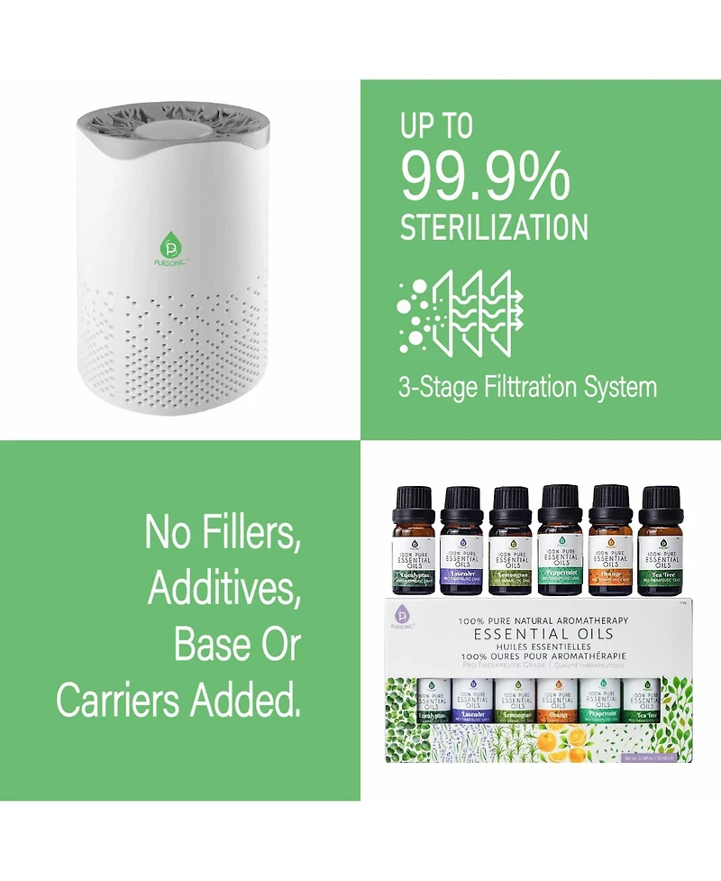 Pursonic Air Purifier with 6-Pack Premium Essential Oils Collection