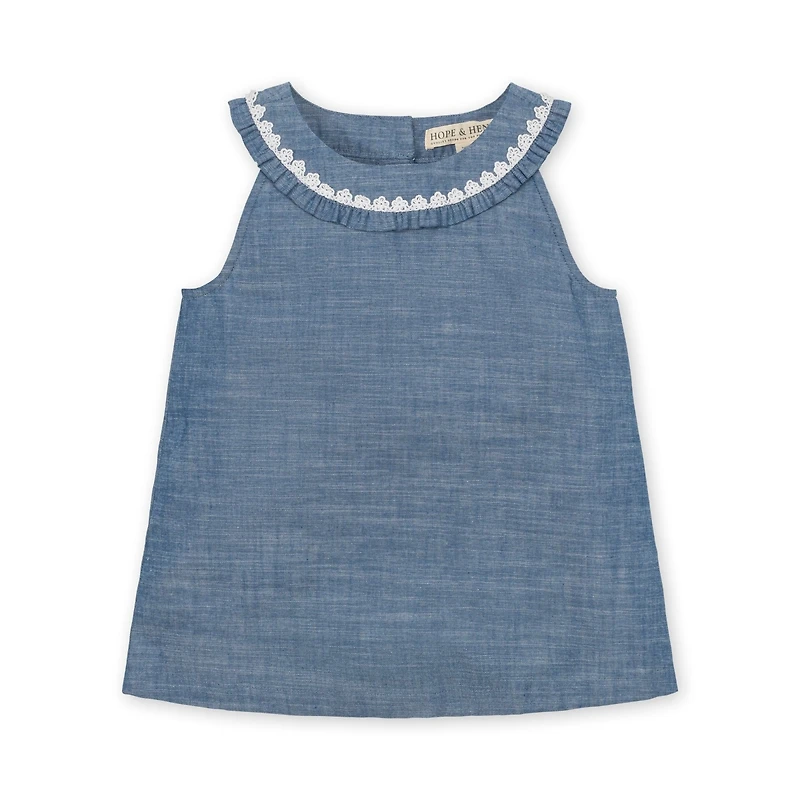 Hope & Henry Toddler Girls Sleeveless Ruffle Collar Chambray Button Back Top