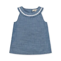 Hope & Henry Toddler Girls Sleeveless Ruffle Collar Chambray Button Back Top