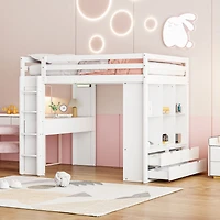 Simplie Fun Full Size Loft Bed With Large Shelves, Writing Desk And Led Light, White