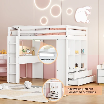 Simplie Fun Full Size Loft Bed With Large Shelves, Writing Desk And Led Light, White