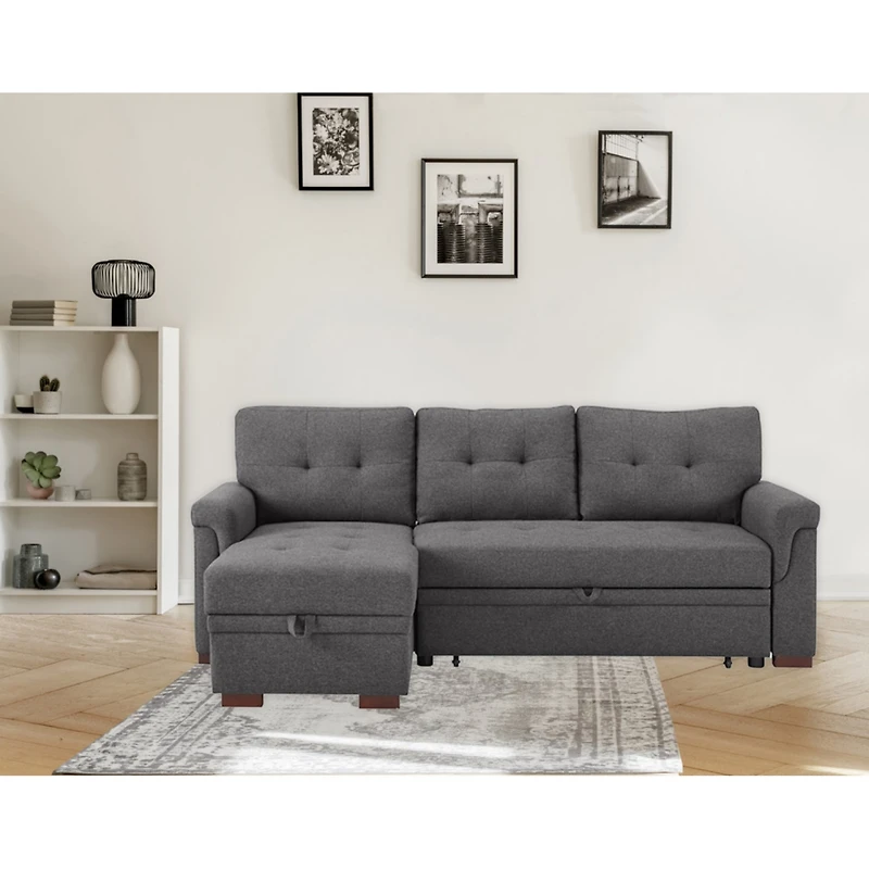 Streamdale Furniture Sierra Dark Gray Linen Reversible Sleeper Sectional Sofa With Storage Chaise