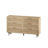 51.18" 6-Drawers Rattan Storage Cabinet Rattan Drawer, For Bedroom, Living Room, Natural