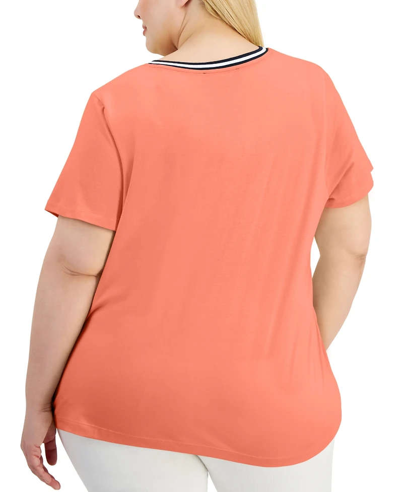 Tommy Hilfiger Plus Size Contrast Trim V-Neck Top