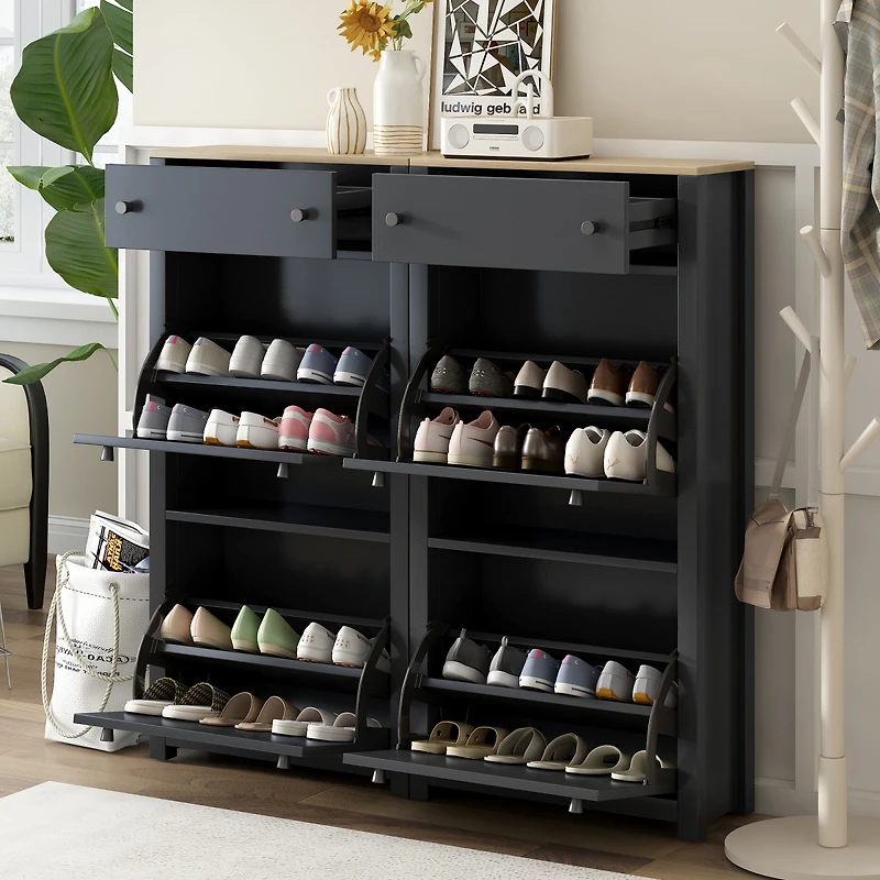 Streamdale Furniture Modern Black Shoe Cabinet with 4 Flip Drawers
