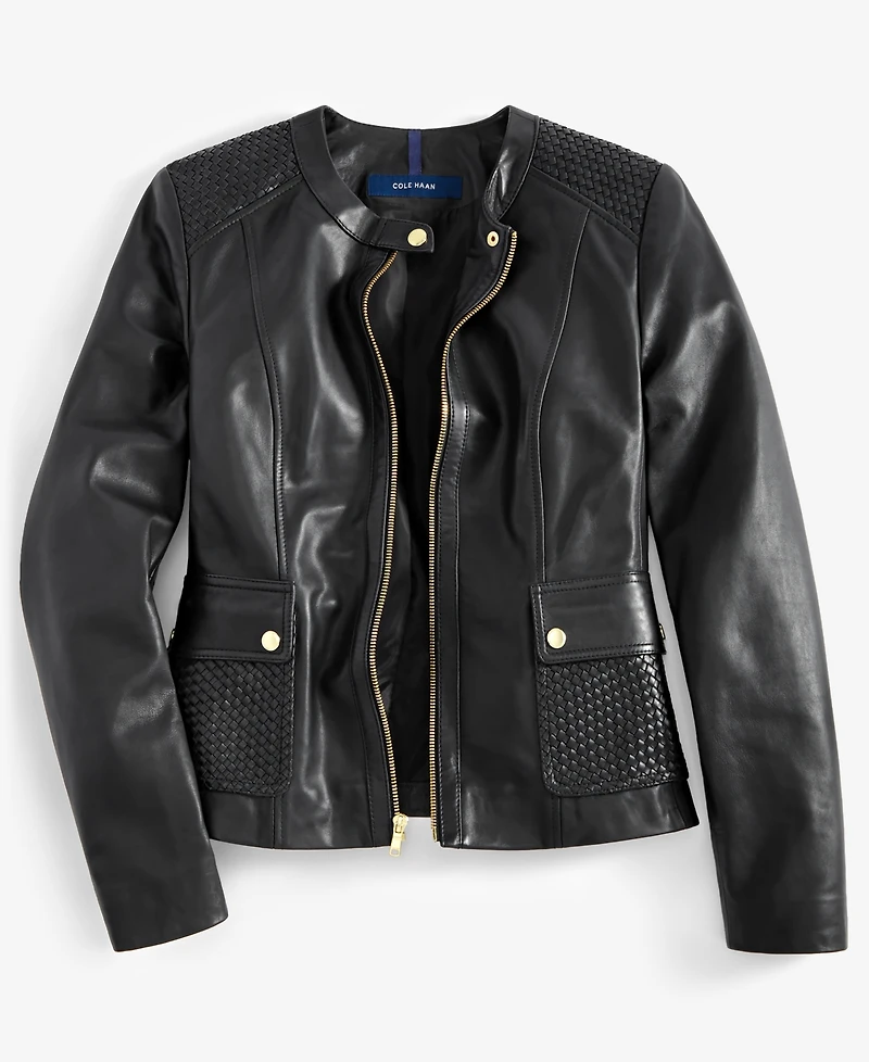 Cole Haan Women's Woven-Shoulder Zip-Front Leather Coat
