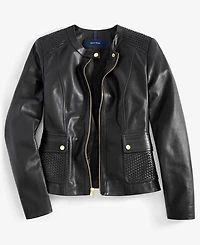 Cole Haan Women's Woven-Shoulder Zip-Front Leather Coat