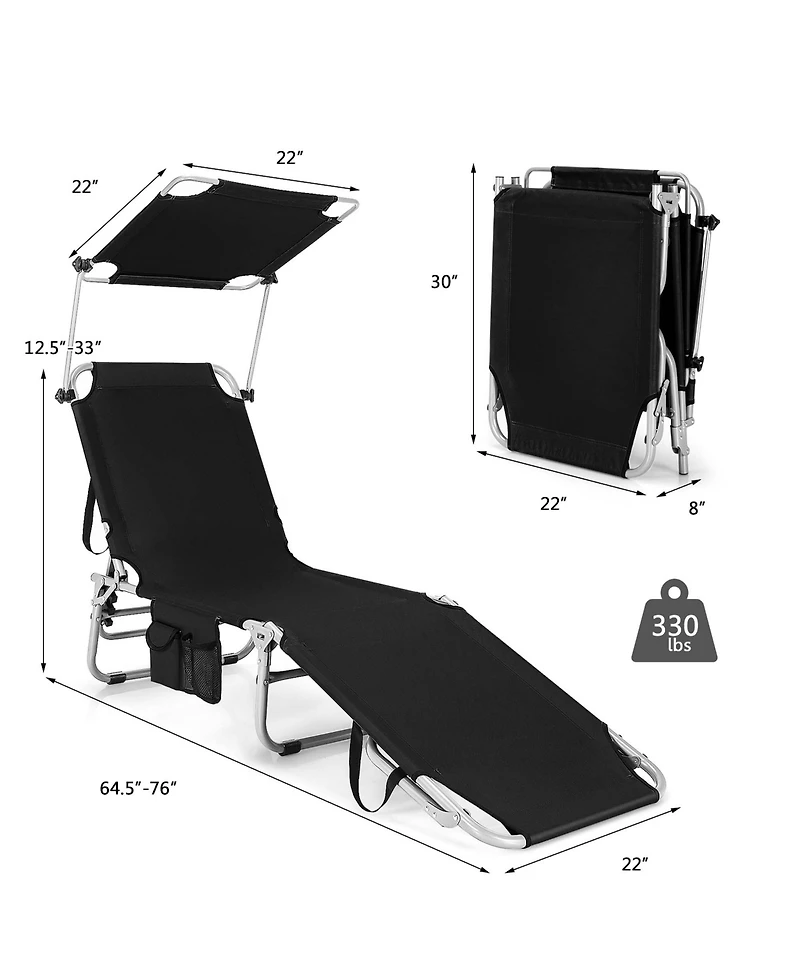 Costway 2 Pcs Foldable Sun Shading Lounge Chair Adjustable Beach Sunbathing Recliner