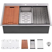 Streamdale Furniture Workstation 33-inch Drop-In 16 Gauge Kitchen Sink R10 Radius Stainless Steel Kitchen Sink Single Bowl with Integrated Ledge & Acc