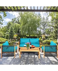 Gymax 8PCS Acacia Wood Outdoor Patio Furniture Conversation Set W/ Turquoise Cushions