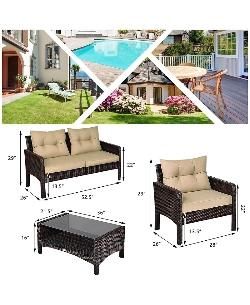 Gymax 4PCS Rattan Wicker Patio Conversation Set Cushioned Outdoor Furniture Set