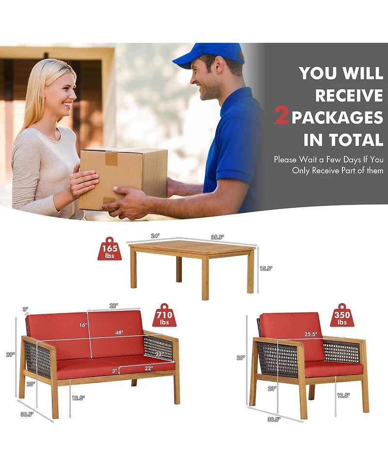 Gymax 8PCS Patio Acacia Wood Furniture Set Pe Rattan Conversation Set w/ Red Cushions