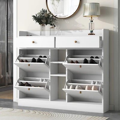 Streamdale 2-Tier Shoe Cabinet with 4 Flip Drawers, White