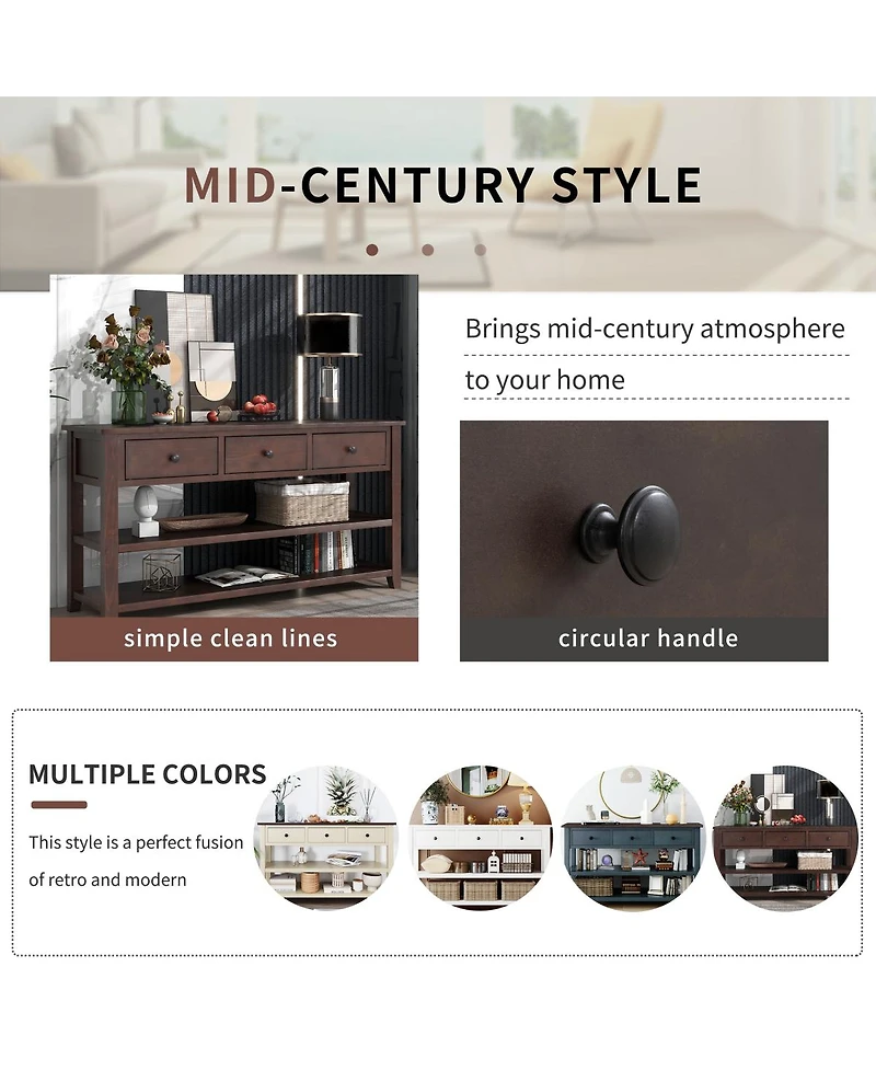 Simplie Fun Retro Design Console Table With Two Open Shelves, Pine Solid Wood Frame And Legs