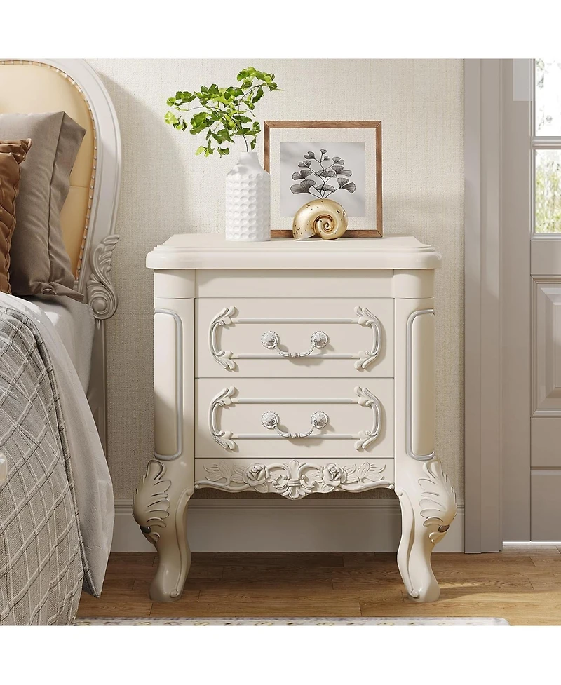 Tribesigns White Nightstand Set of 2, End Table with 2 Drawers, Carved Bedside Tables, Side Table for Bedroom, Living Room, Classic Bedroom Furniture