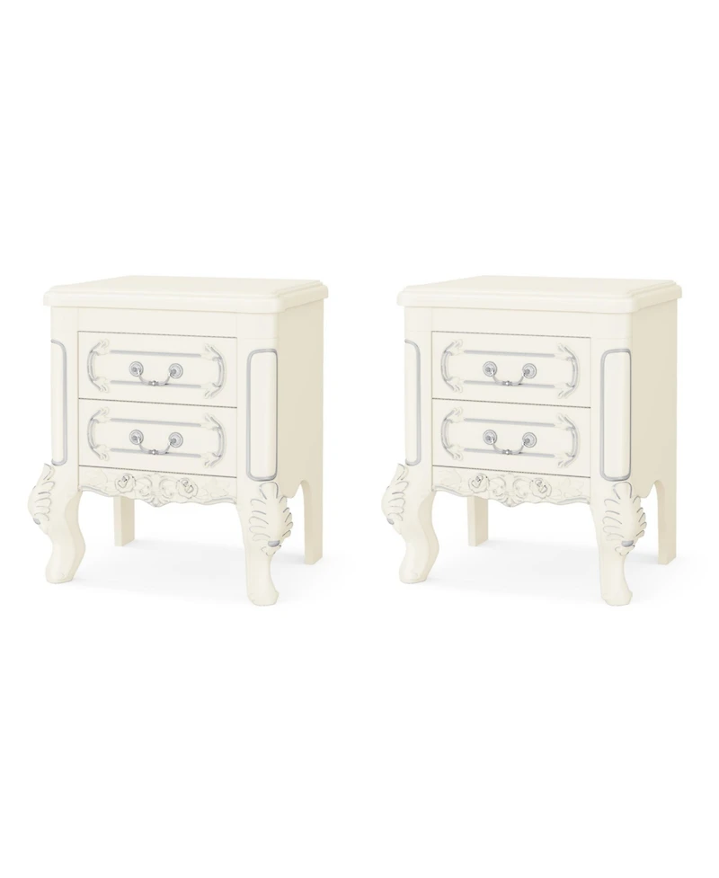 Tribesigns White Nightstand Set of 2, End Table with 2 Drawers, Carved Bedside Tables, Side Table for Bedroom, Living Room, Classic Bedroom Furniture