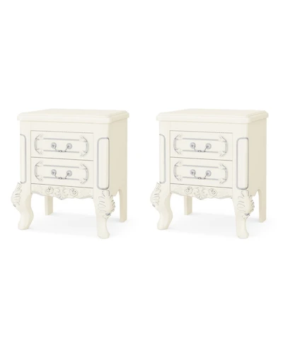 Tribesigns White Nightstand Set of 2, End Table with 2 Drawers, Carved Bedside Tables, Side Table for Bedroom, Living Room, Classic Bedroom Furniture