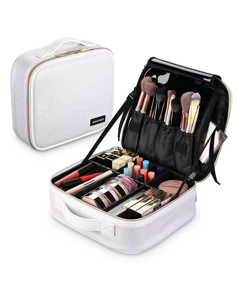 Byootique Portable Glitter Makeup Train Case Brush Holder Cosmetic Bag Travel