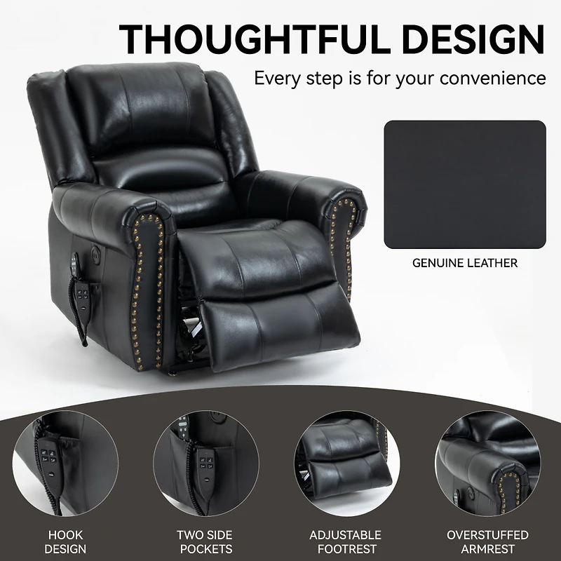 Simplie Fun Black Leather Power Lift Recliner with Heat Massage