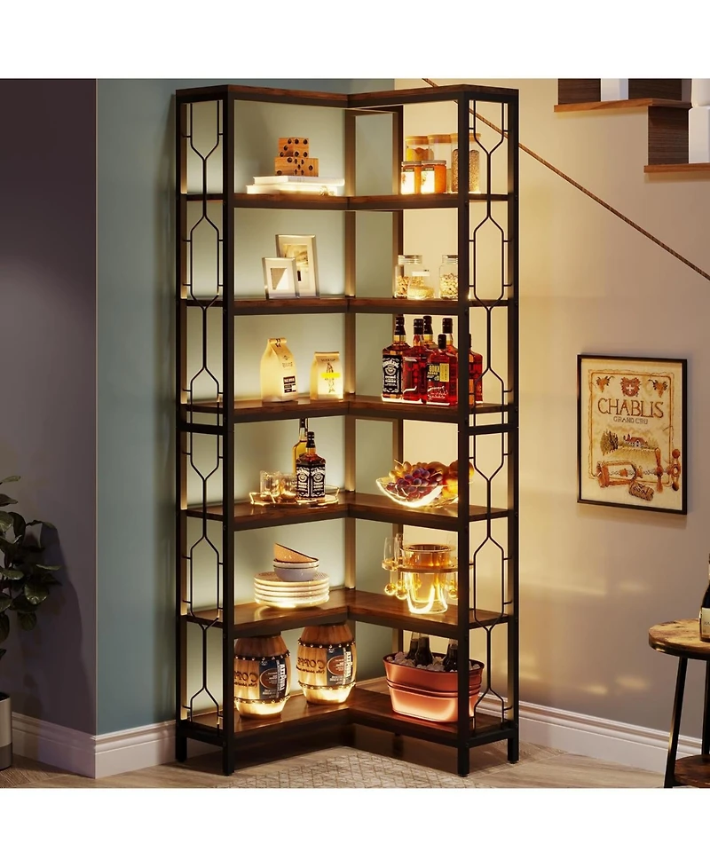 Tribesigns Corner Shelf, 7-Tier Industrial Corner Bookshelf, Wood and Metal Corner Etagere Bookcase, Freestanding Display Shelf for Living Room, Kitch