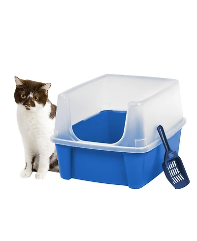 Iris Usa Usa Open Top Cat Litter Tray with Scoop and Scatter Shield, Cat Litter Pan, Blue