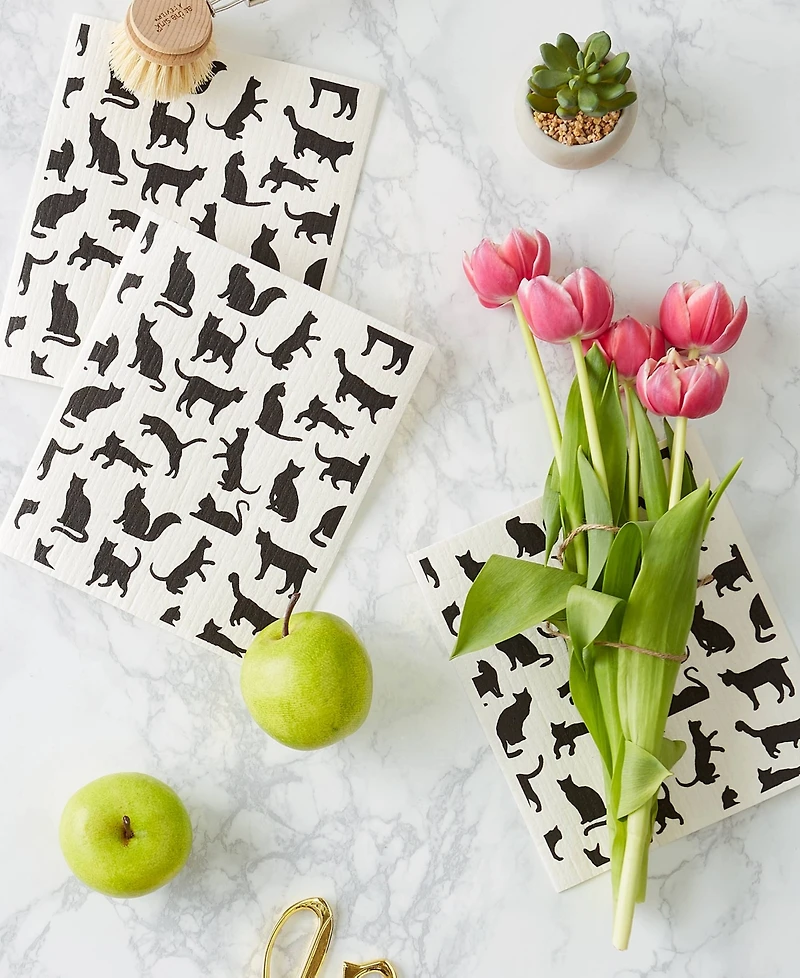 Design Imports Swedish Dishcloths for Kitchen Cleaning, Machine Washable Dishwasher Safe, 7.75 x 6.75", Cats, 3 Piece