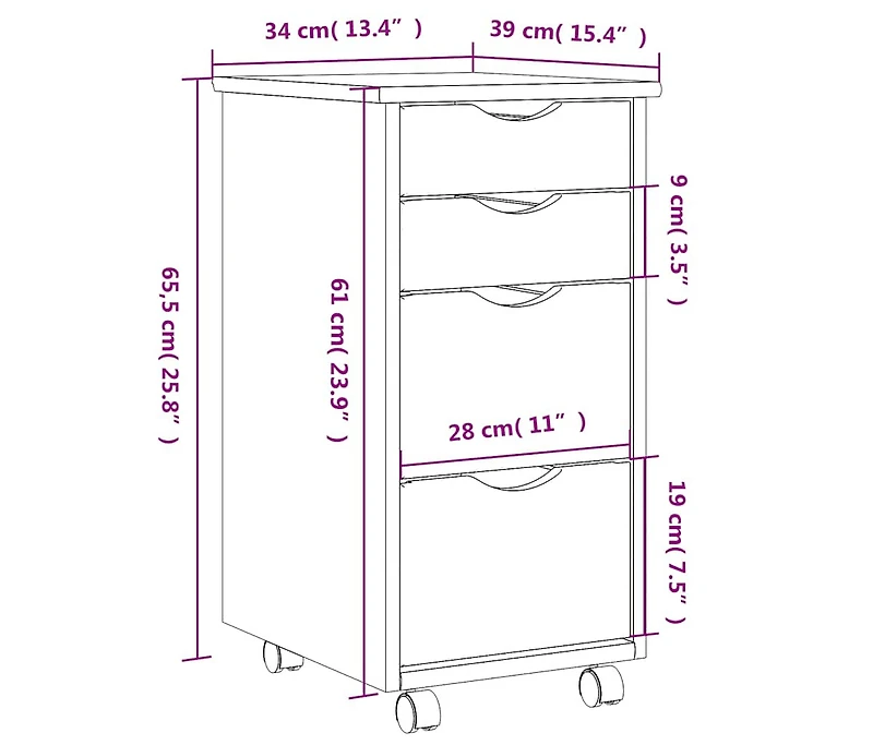 Rolling Cabinet with Drawers Moss White Solid Wood Pine